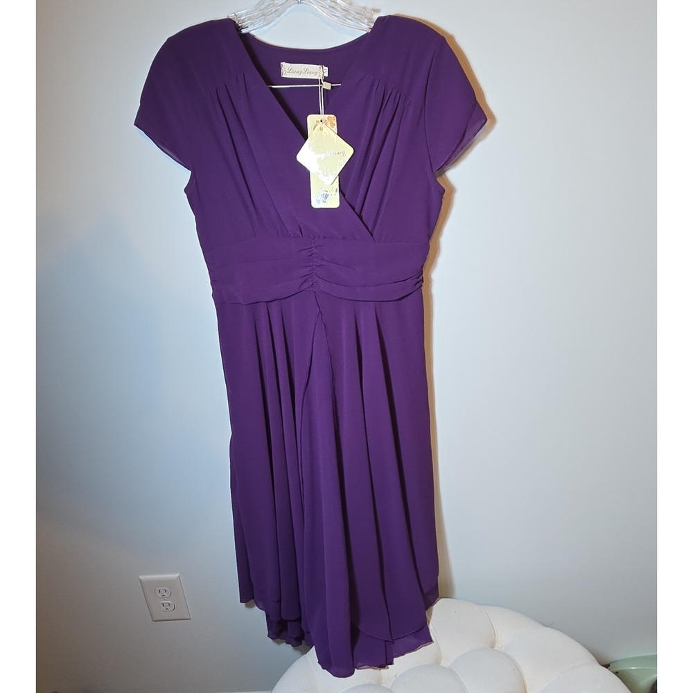 NWT Liang Liang Purple Solid Chiffon Ruched Empire Waist VNeck Cap Sleeve Midi M